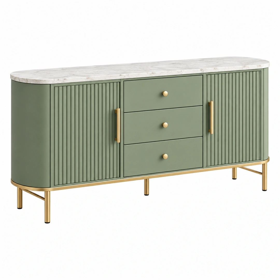 Aparador 160 x 45 x 85 cm verde de madera con encimera efecto mármol - almacenamiento moderno