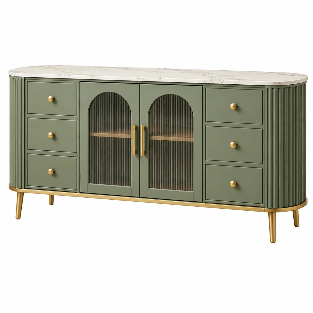 Aparador 180 x 45 x 85 cm verde de madera con encimera efecto mármol y puertas de vidrio acanalado