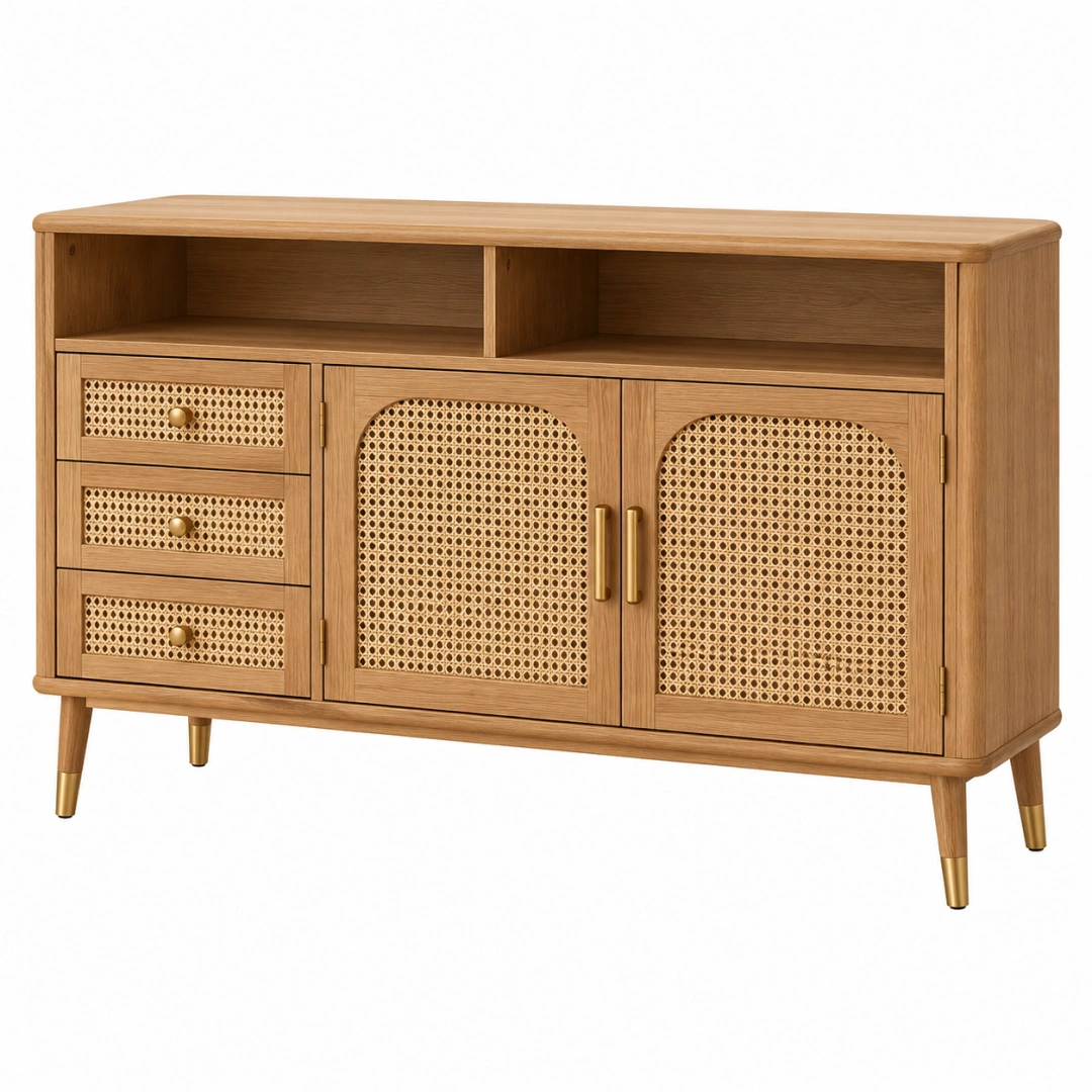 Aparador de madera y ratán natural 140 x 40 x 85 cm estilo retro con almacenamiento