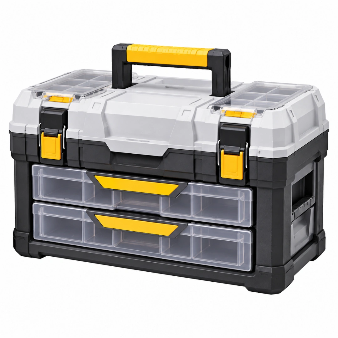 Caja de herramientas 50 x 28 x 30 cm de plástico gris negro y amarillo con cajones organizadores