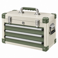 Caja de herramientas 50 x 25 x 30 cm de aluminio beige y verde con 3 cajones y cierre