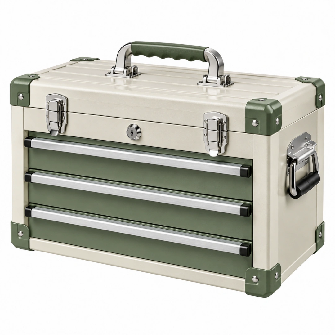 Caja de herramientas 50 x 25 x 30 cm de aluminio beige y verde con 3 cajones y cierre