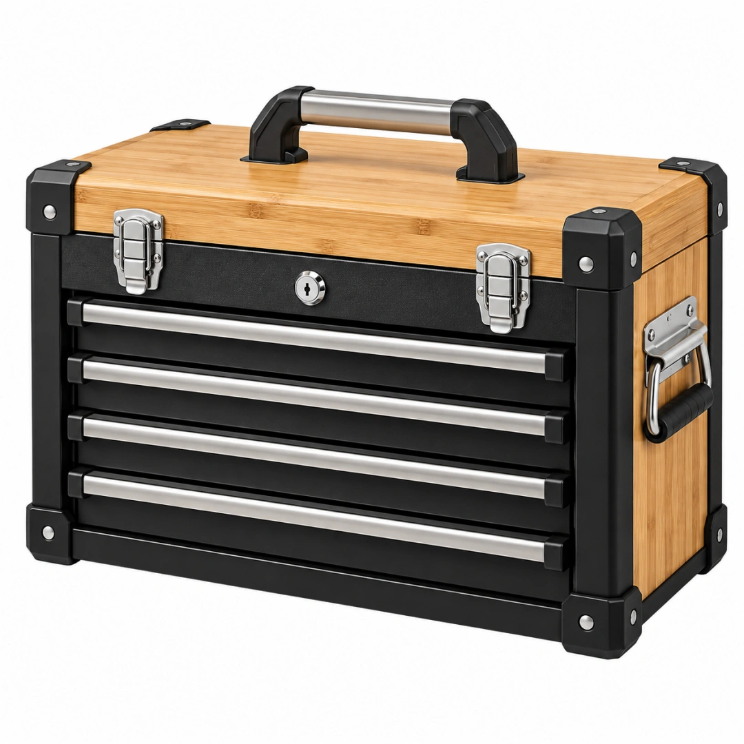 Caja de herramientas 50 x 25 x 35 cm de bambú y metal natural negra con cajones y asa portátil