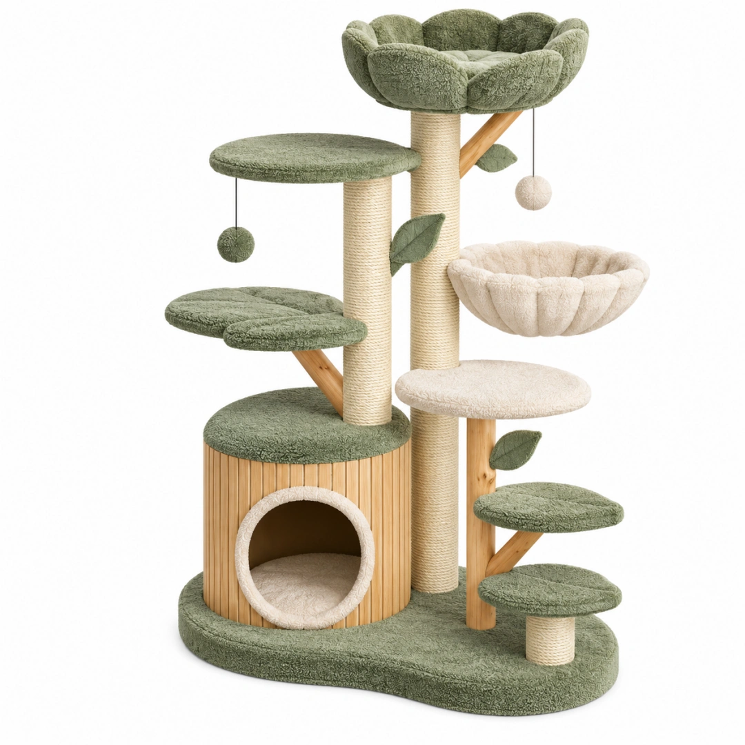 Árbol rascador para gatos 90 x 60 x 150 cm de sisal y felpa verde beige con plataformas