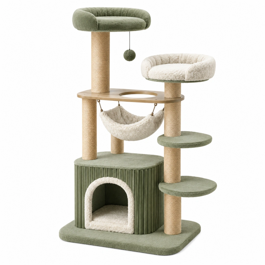 Árbol rascador para gatos 60 x 50 x 150 cm verde y crema con sisal y plataformas