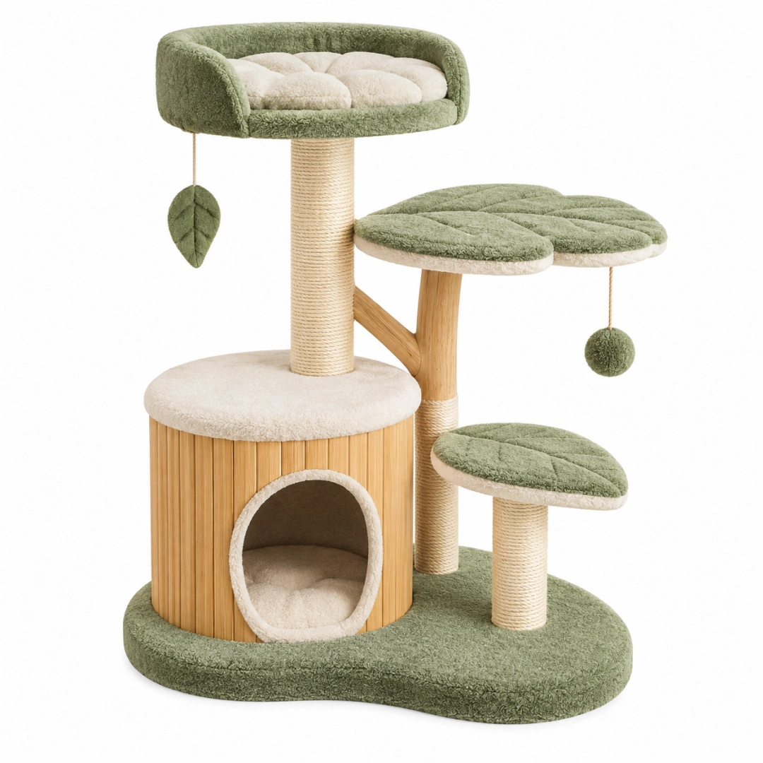 Árbol rascador para gatos 90 x 60 x 140 cm de madera y sisal verde con plataformas y cueva