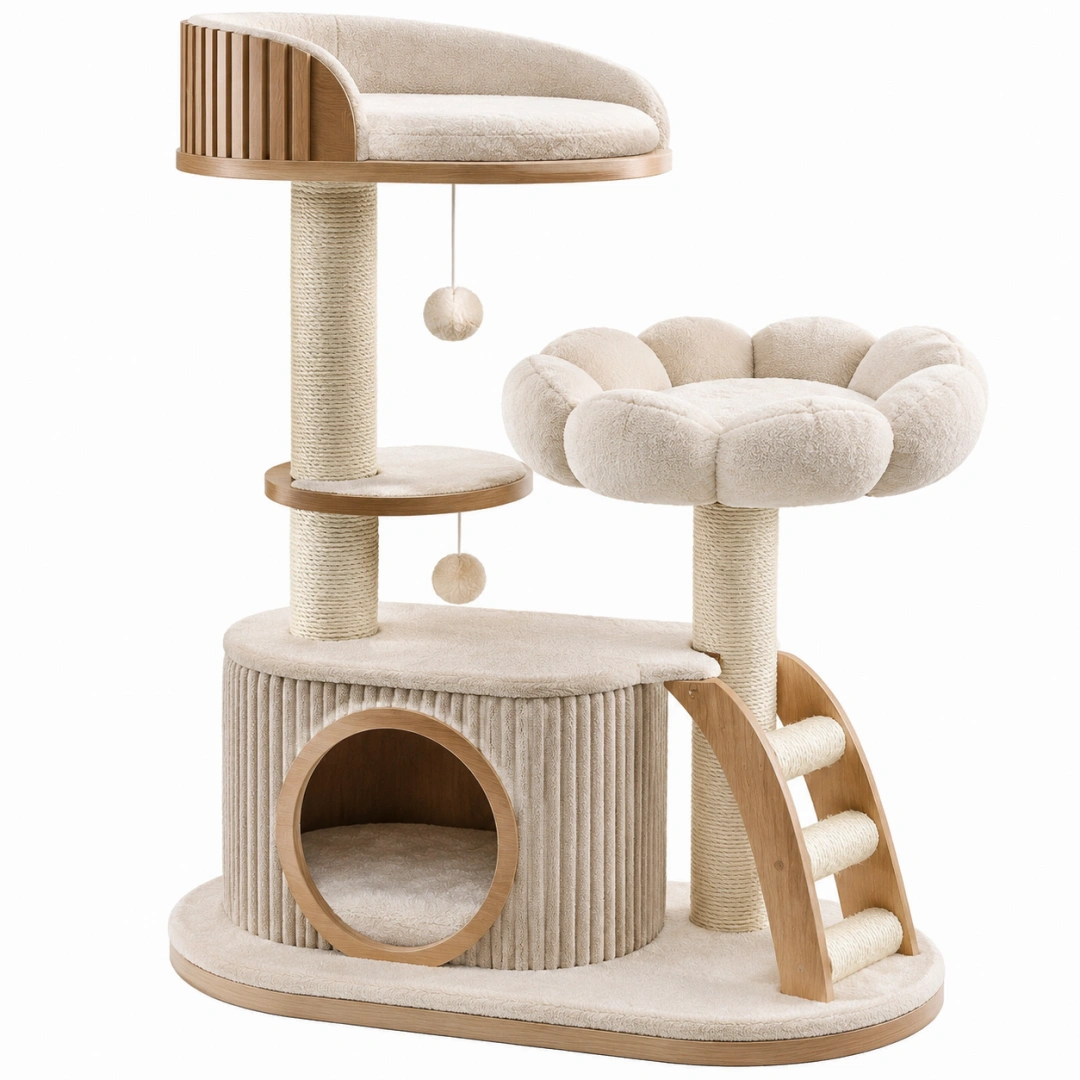 Árbol rascador para gatos 60 x 50 x 130 cm de madera sisal y felpa beige con cueva y plataformas