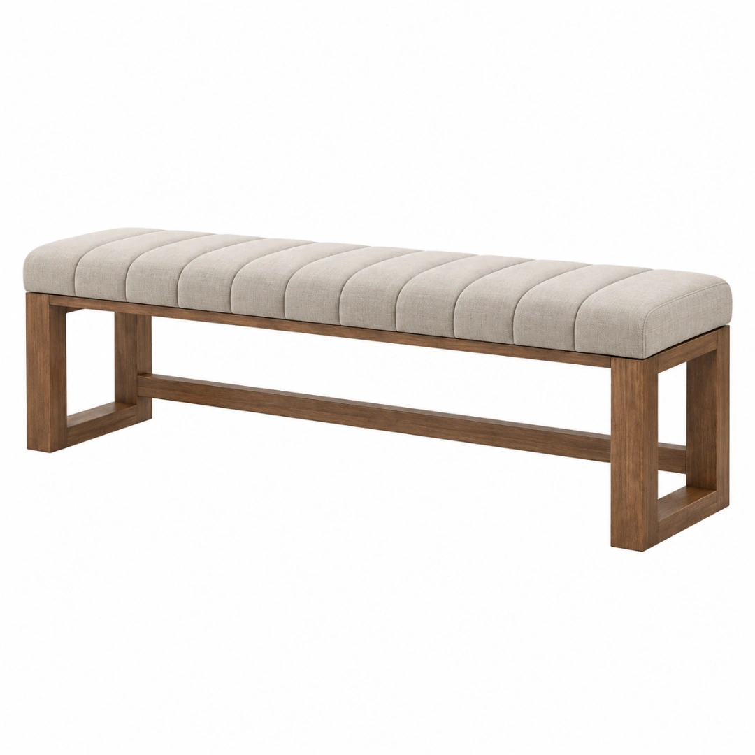 Banco tapizado 180 cm de tela beige y madera para recibidor