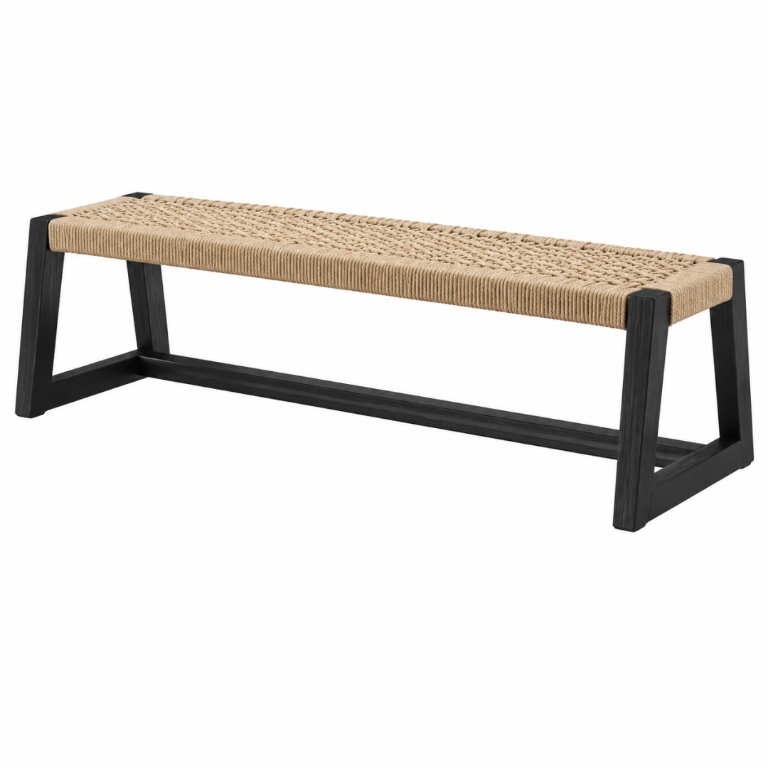 Banco 120 x 35 x 45 cm de madera negra y cuerda trenzada para interior estilo contemporáneo