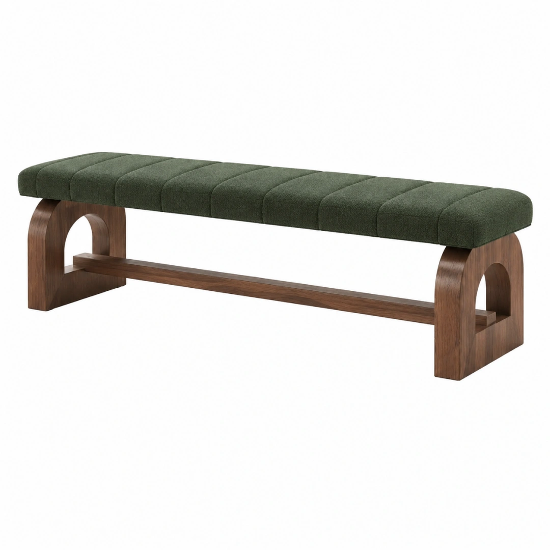 Banco 150x40x45 cm de madera y tapizado verde con asiento acolchado