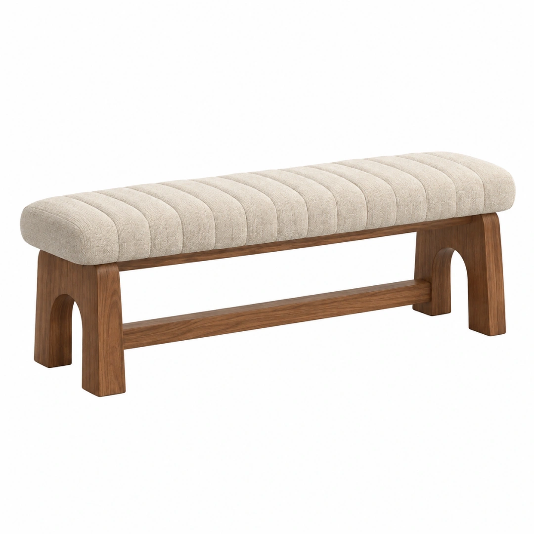 Banco 150 x 45 x 50 cm de madera marrón y tela beige - asiento acolchado acanalado de estilo contemporáneo