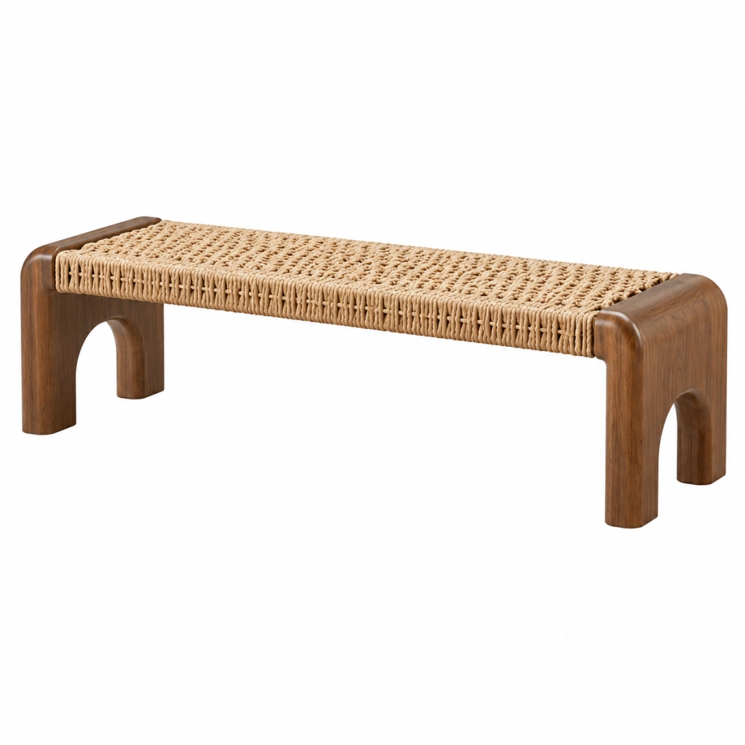Banco 120 x 35 x 45 cm de madera marrón y fibra natural trenzada estilo artesanal