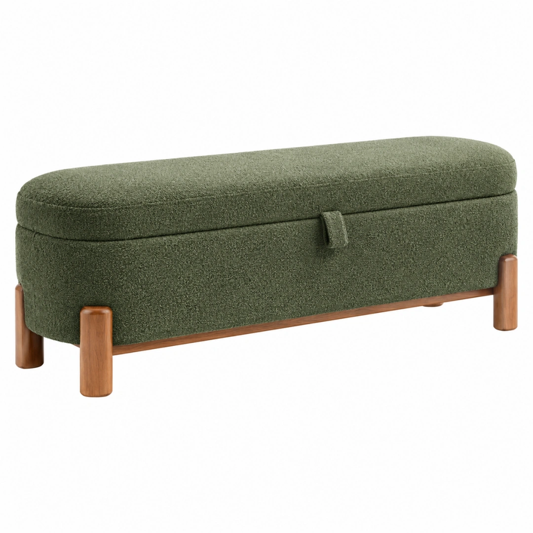 Banco baúl 120 cm tapizado verde con patas de madera - almacenamiento contemporáneo