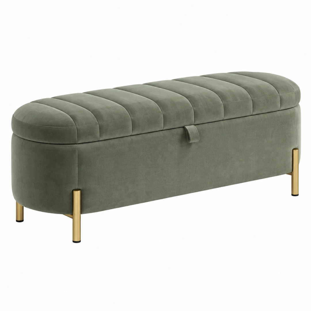 Banco baúl 120 x 45 x 48 cm de terciopelo verde con almacenaje y patas metálicas