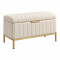 Baúl almacenaje 90 x 45 x 45 cm de tela bouclé crema y metal dorado - asiento acolchado moderno
