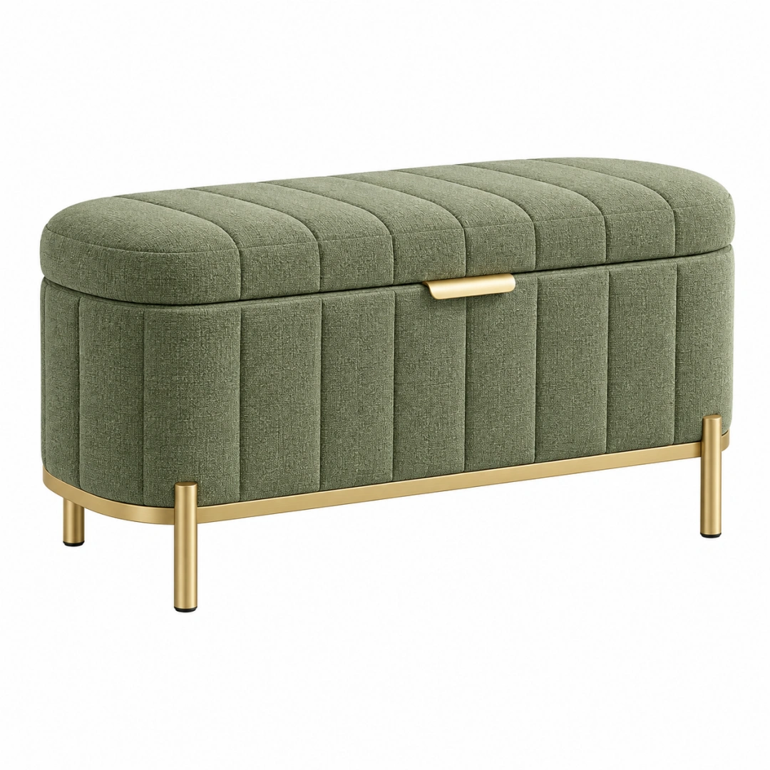 Banco baúl 100 x 40 x 48 cm tapizado verde oliva con patas metálicas doradas estilo moderno