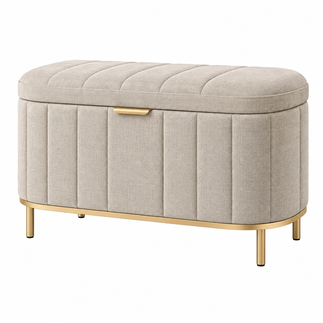 Banco de almacenaje 100 x 45 x 48 cm tapizado textil beige con patas doradas