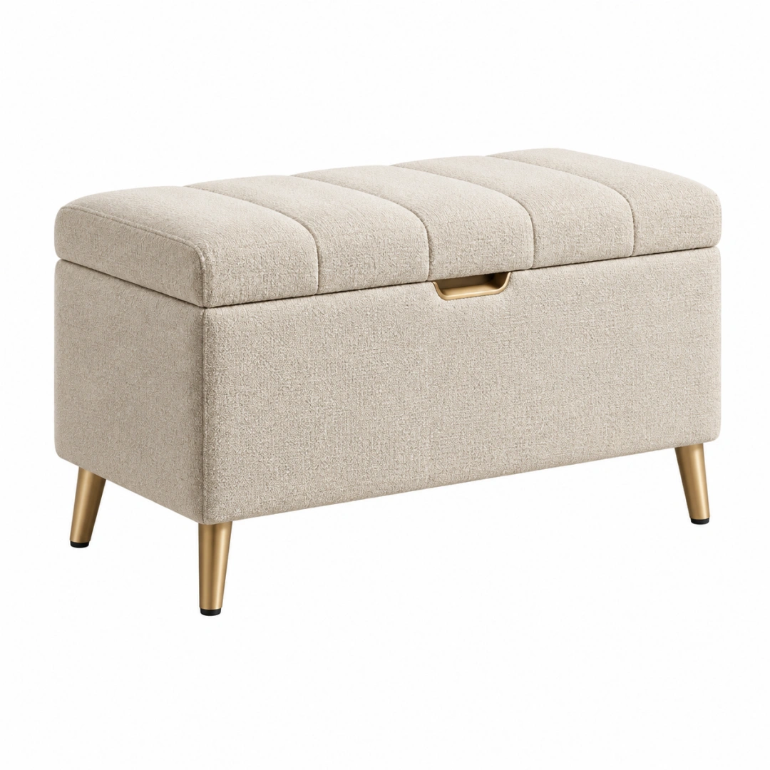 Banco baúl 100 x 40 x 45 cm de tela bouclé beige con almacenamiento y patas metálicas