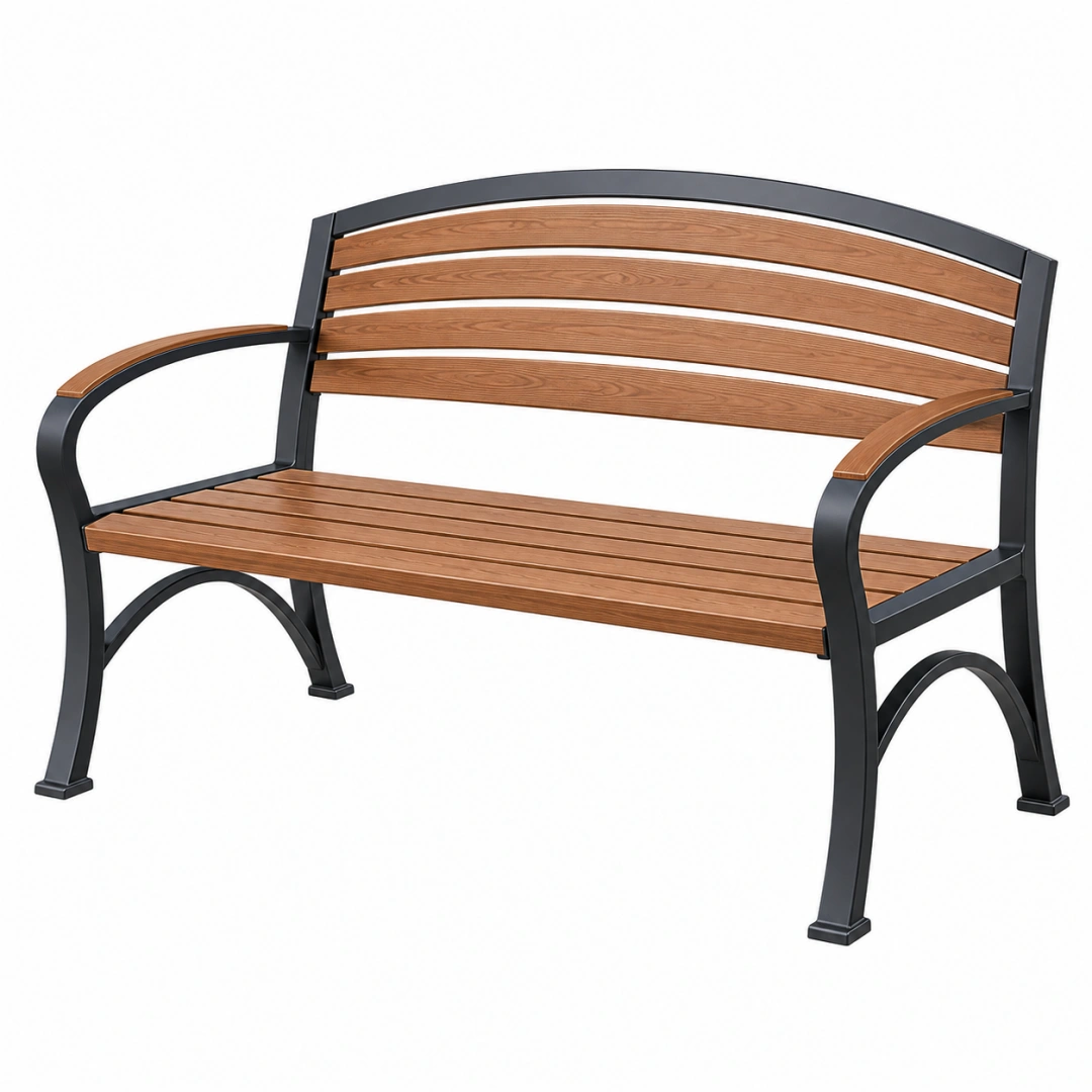 Banco de jardín 122 x 65 x 85 cm de madera y metal marrón negro con respaldo curvo