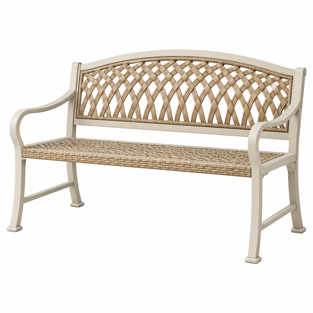 Banco de jardín 120 x 60 x 90 cm de metal y fibra trenzada beige - asiento con reposabrazos